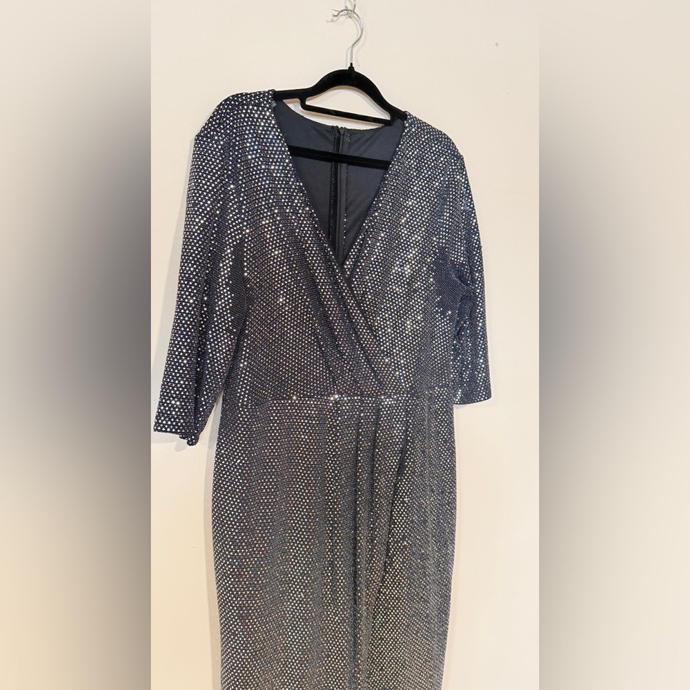 Black Silver Mirror V-Neck Sequin Wrap Dress Size L / XL